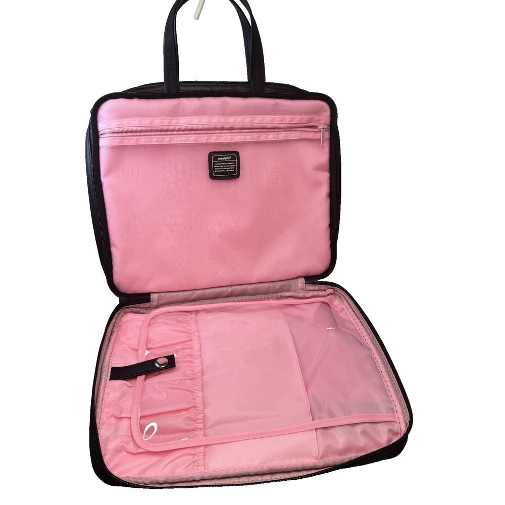 Modella Organizer Makeup Travel Bag XL Black Nylon Pink Liner 13x10 EUC
